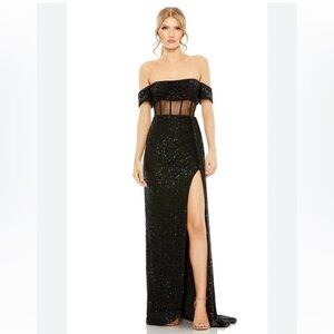 Ieena for Mac Duggal Sequin Gown Size 4 | Black Off-Shoulder Corset Dress